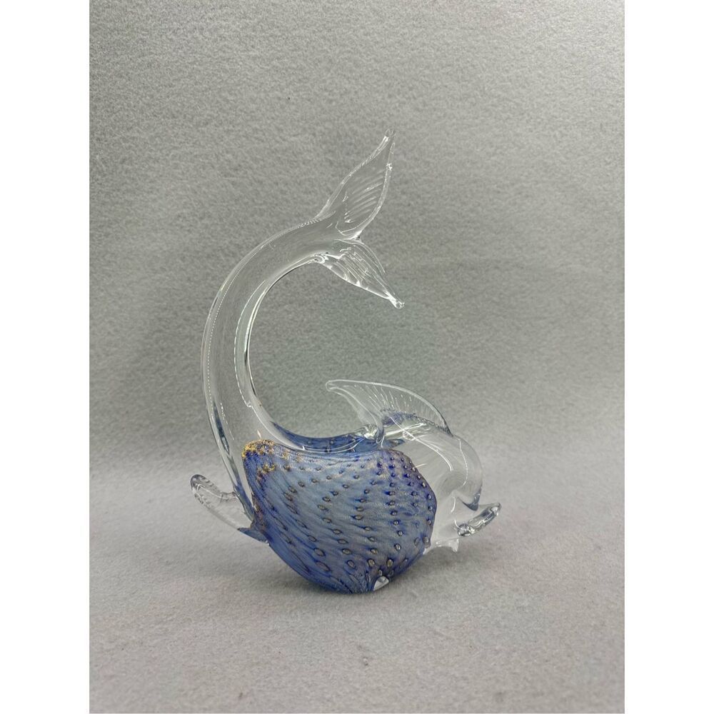 Italian Murano Style Art Glass Fish Blue Gold Flecks Controlled Gold Bubbles Mid